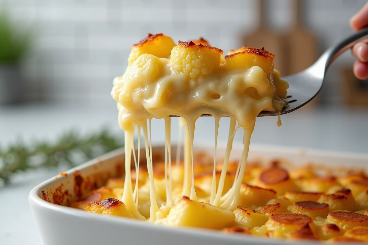 Tranche de gratin de chou fleur et pommes de terre soulevée à la spatule révélant des couches crémeuses et un fromage filant