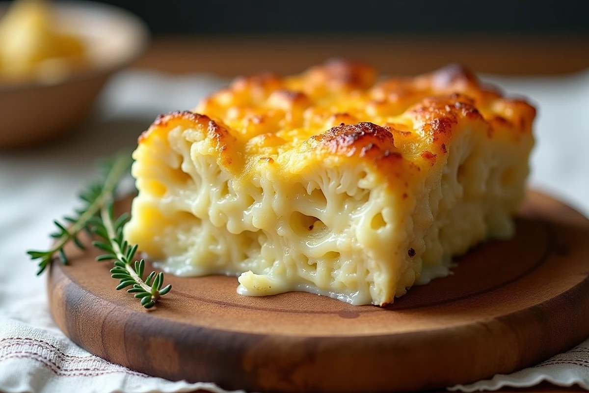 Tranche de gratin chou-fleur pomme de terre en coupe révélant les couches dorées de béchamel, fromage gratiné et légumes fondants sur une planche en bois rustique