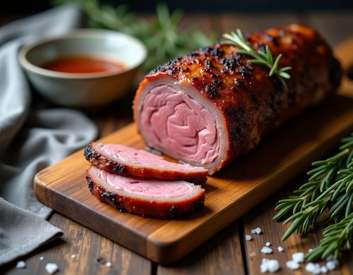 Gros plan de tranches de cuissot de sanglier rôti sur planche en bois avec jus de cuisson et herbes aromatiques