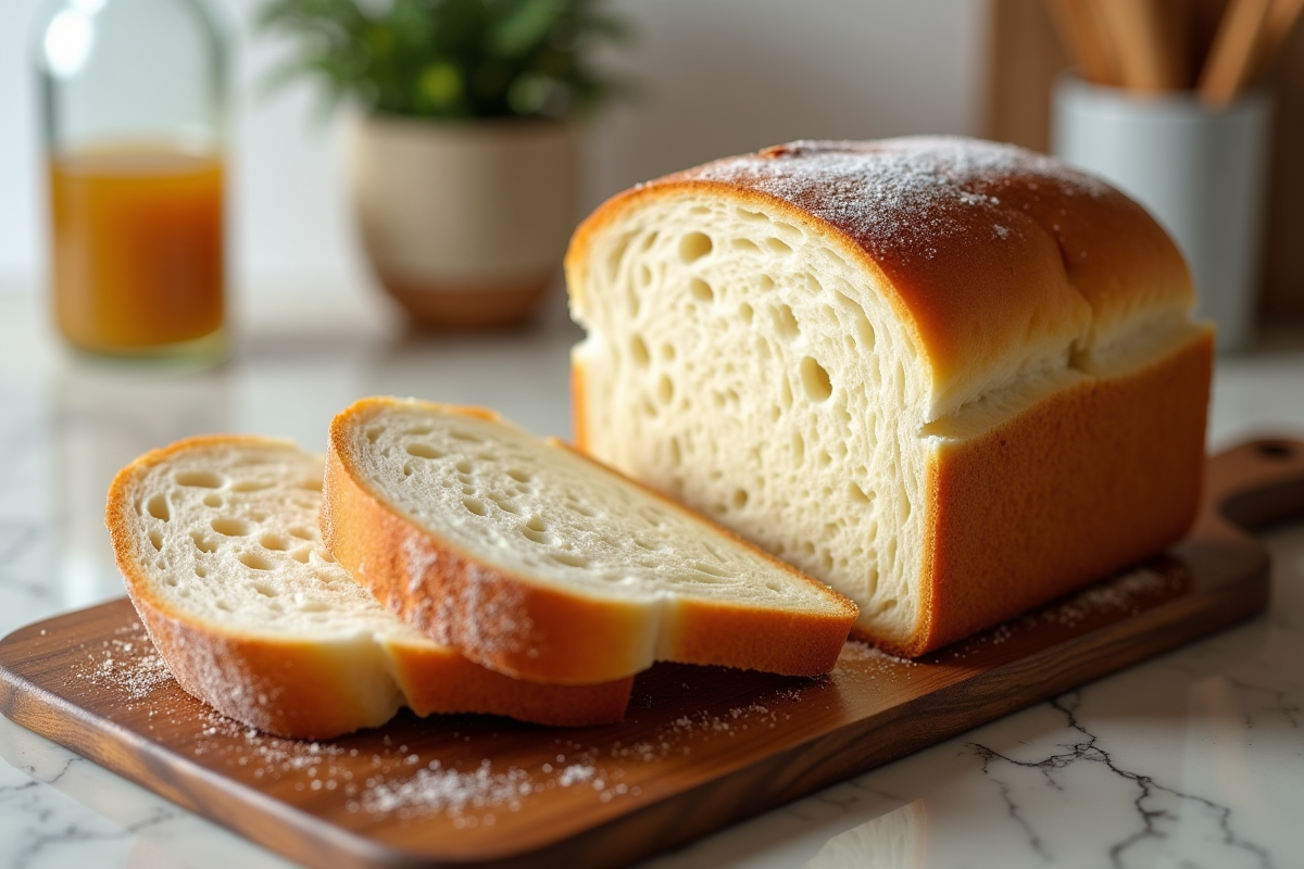 Tranches de pain maison dans une cuisine lumineuse