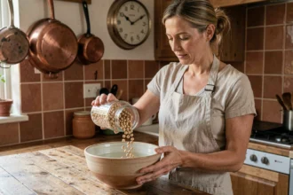 Femme versant des pois chiches secs dans un bol d'eau pour trempage avant cuisson dans une cuisine rustique