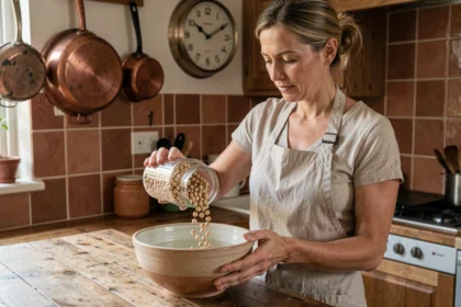 Femme versant des pois chiches secs dans un bol d'eau pour trempage avant cuisson dans une cuisine rustique