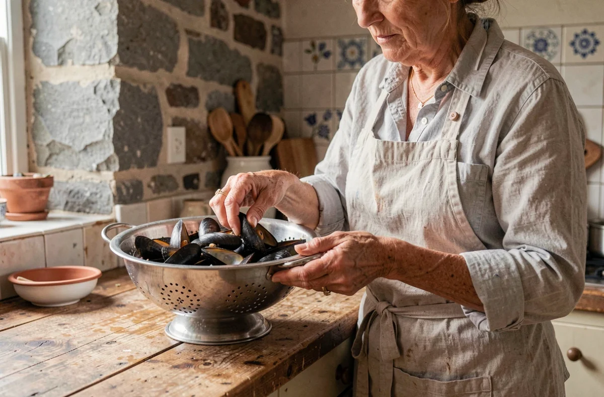 Femme triant des moules de bouchot charnues dans une cuisine rustique en pierre, préparation culinaire traditionnelle