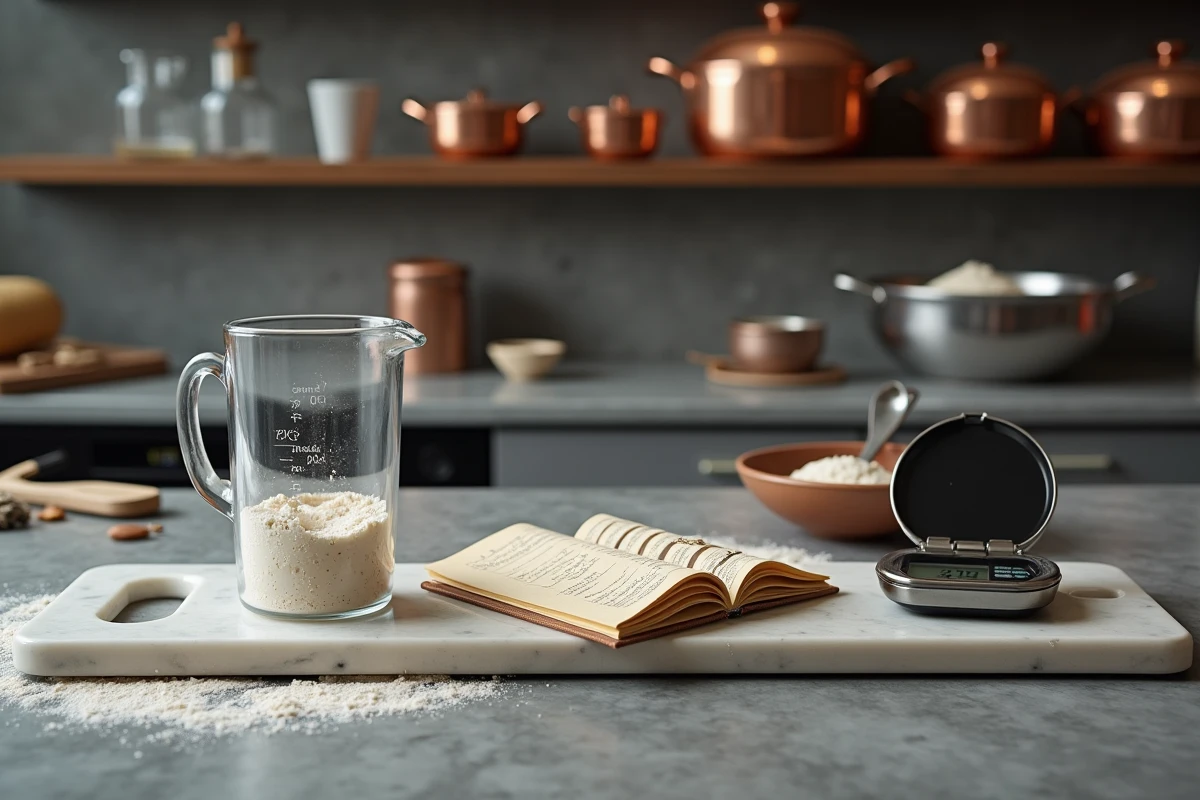 Ustensiles de mesure cuisine posés sur marbre incluant verre doseur 40cl balance numérique et notes de conversion manuscrites