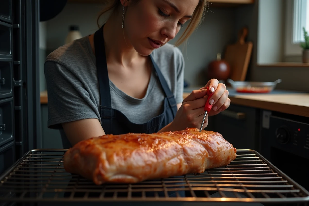 Femme vérifiant la cuisson d'un filet de porc au thermomètre à viande dans un four domestique ouvert