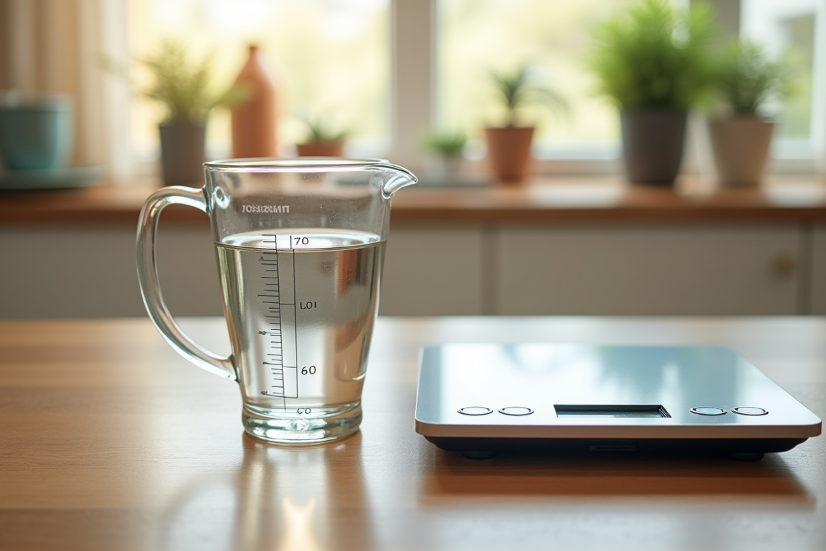 Verre mesureur d'eau avec balance de cuisine en vue plongee