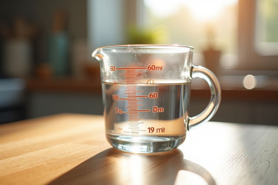Verre mesureur rempli de 60 ml d'eau sur un plan de travail en bois