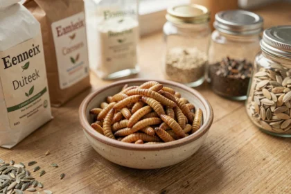 Bol de vers de farine séchés posé sur un comptoir de cuisine entouré d'ingrédients du quotidien