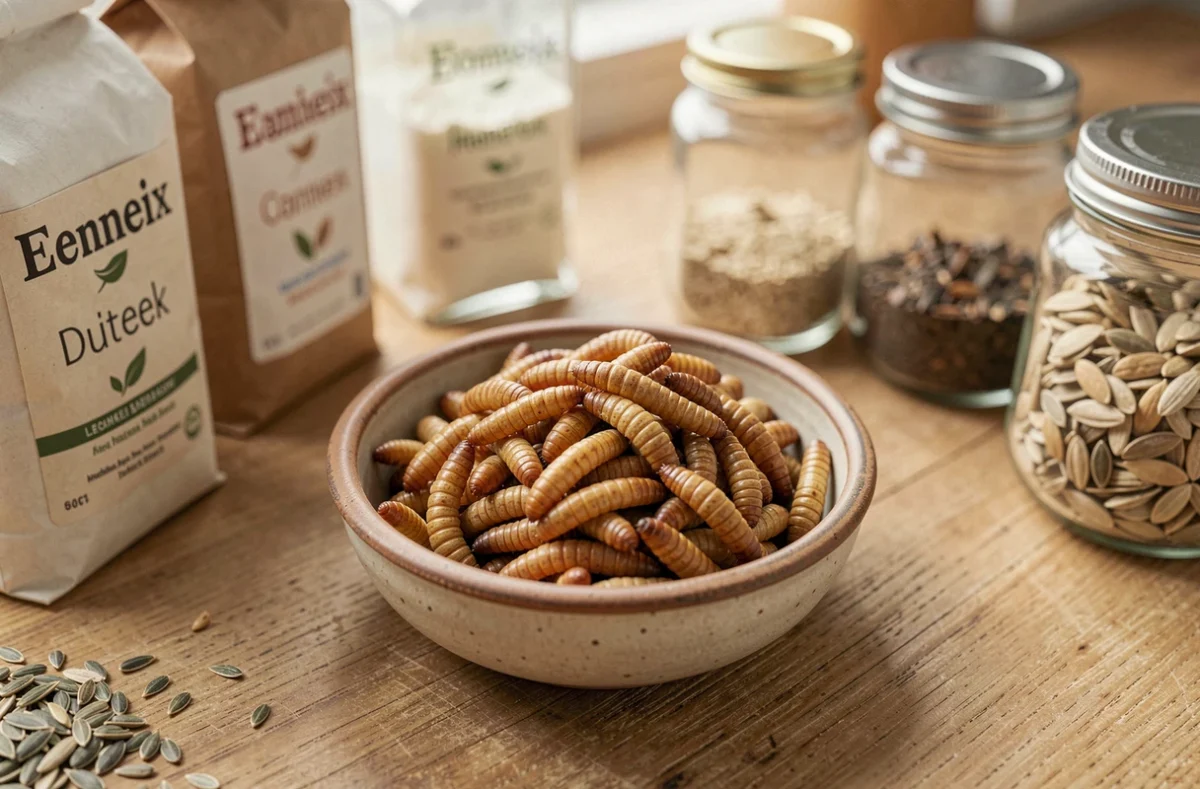 Bol de vers de farine séchés posé sur un comptoir de cuisine entouré d'ingrédients du quotidien