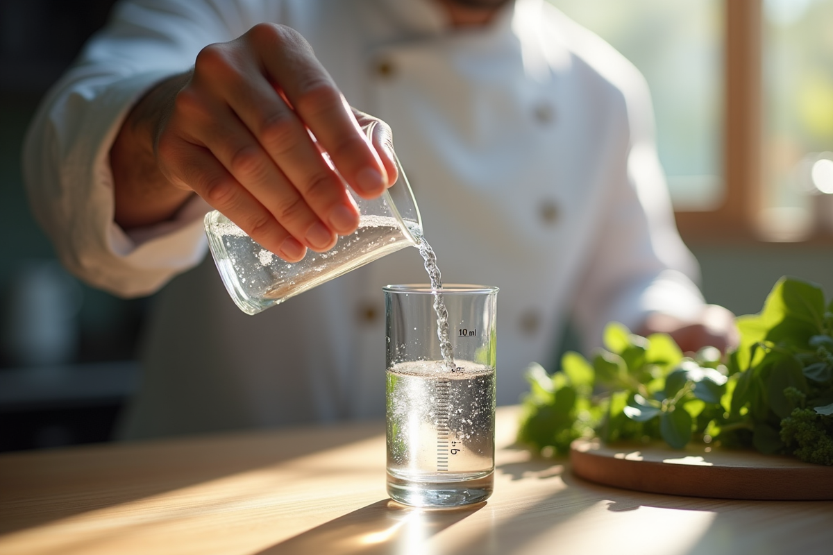 Main d’un chef versant 10 ml d’eau dans un cylindre gradué
