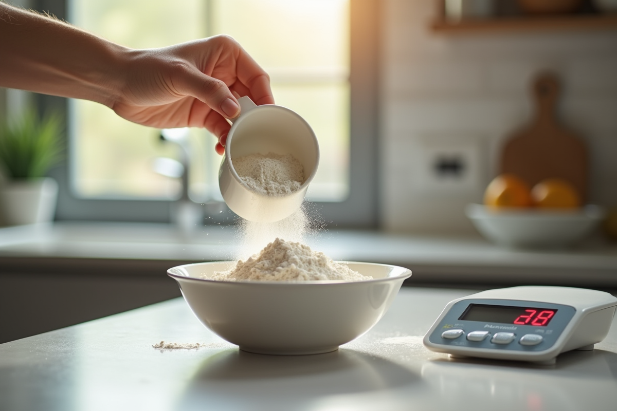 Main versant de la farine dans un bol de cuisine avec balance