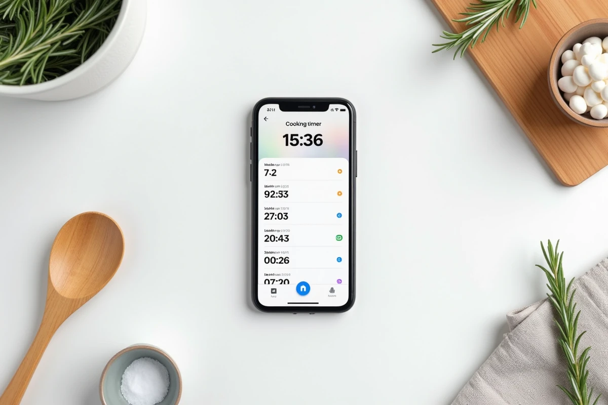 Vue aérienne d'un smartphone affichant un minuteur cuisson en ligne entouré d'accessoires de cuisine sur un comptoir blanc